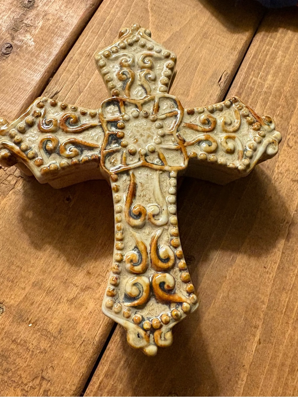 Holiday Market Tan Ceramic Cross Trinket Jewelry Box 6”